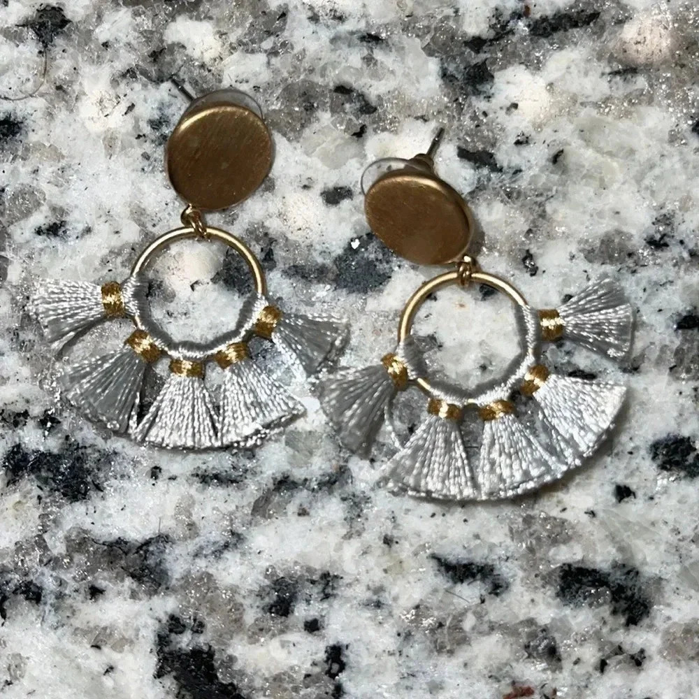 Statement Earrings Gold stud w/ grey-blue tassels